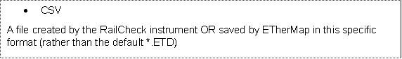 	CSV
A file created by the RailCheck instrument OR saved by ETherMap in this specific format (rather than the default *.ETD)