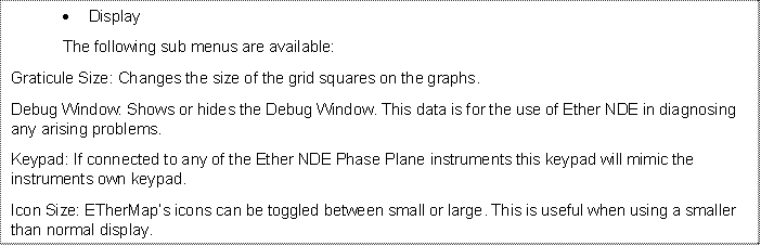 	Display
The following sub menus are available:
Graticule Size: Changes the size of the grid squares on the graphs.
Debug Window: Shows or hides the Debug Window. This data is for the use of Ether NDE in diagnosing any arising problems.
Keypad: If connected to any of the Ether NDE Phase Plane instruments this keypad will mimic the instruments own keypad.
Icon Size: ETherMaps icons can be toggled between small or large. This is useful when using a smaller than normal display.
