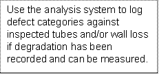 Use the analysis system to log defect categories against inspected tubes and/or wall loss if degradation has been recorded and can be measured.