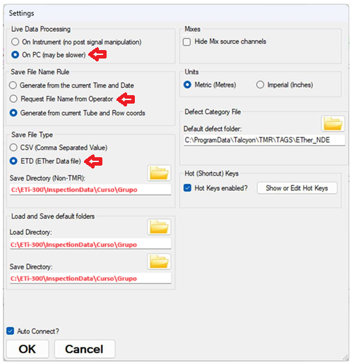 Figura 4 – Ajustes recomendados para o submenu “Settings do menu “File” do “software” EtherMap.