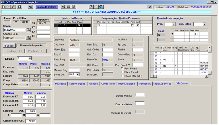 Fig. 14 – Vista da tela do sistema LGCQ com registro do resultado da inspeo para deteco de pontos duros (tela 1, processo 25)